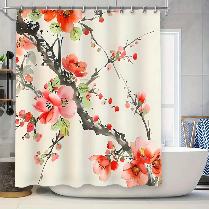 

Elegant Chinese Style Floral Shower Curtain Waterproof Fabric Bathroom Decorative Screen With Red Blossoms And Green Leaves W60H190(CM)-1 Pcs
