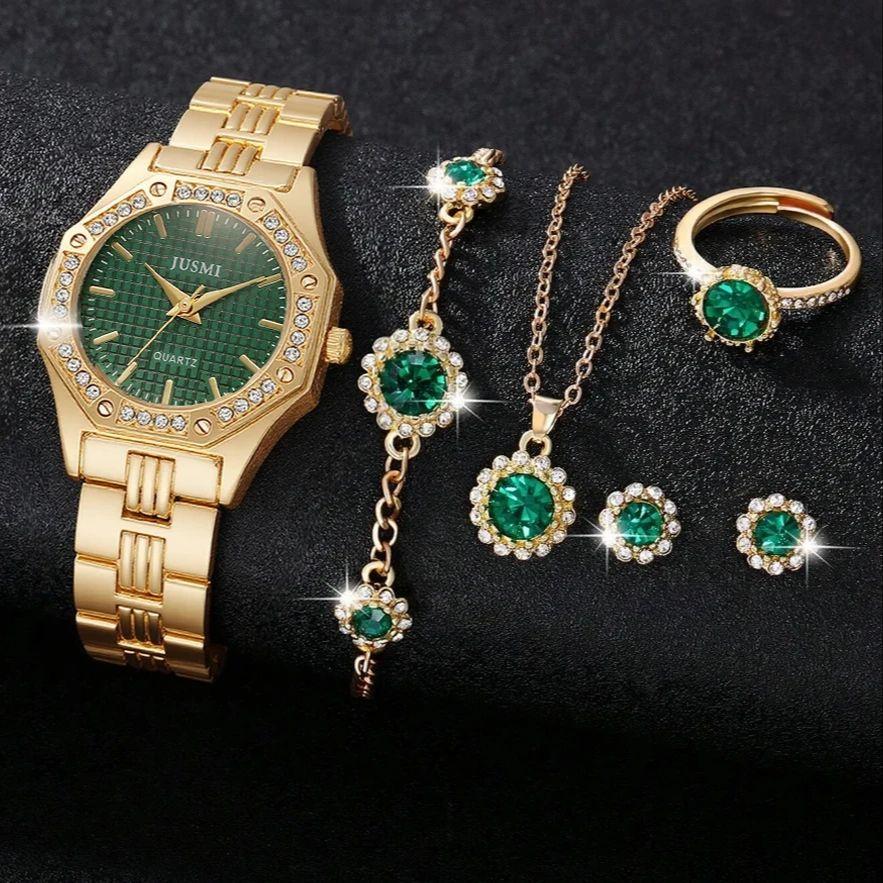 Vintage socialite style emerald gemstone watch six-piece gold watch necklace bracelet ring earrings set, suitable for dating, bi