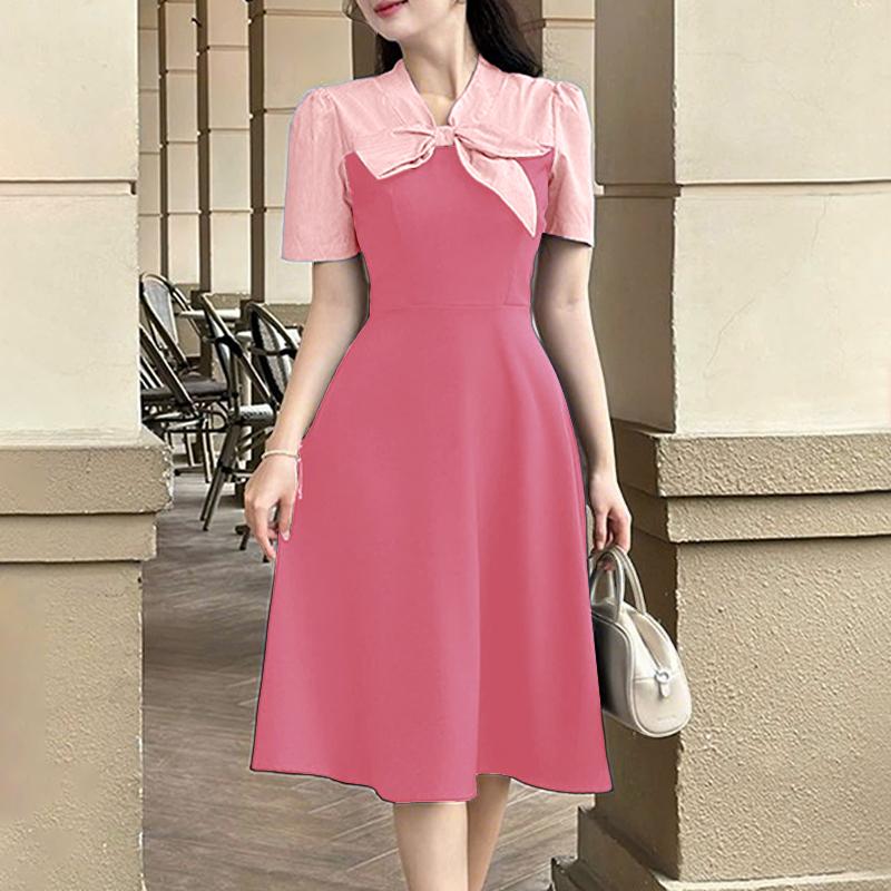 

ZANZEA Женское повседневное платье с V-образным вырезом и короткими рукавами, с бантами, в стиле пэчворк 3XL розовый