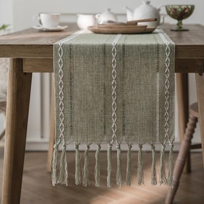 Cotton Linen Blended Table Runner,Hand-woven Tassels Perfect for Wedding Arched Door Party Dinner Table Decor