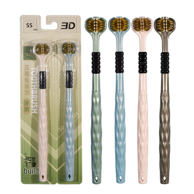 Tri-Head Soft & Hard Bristle Adult Toothbrush with 3D Tongue Scraper