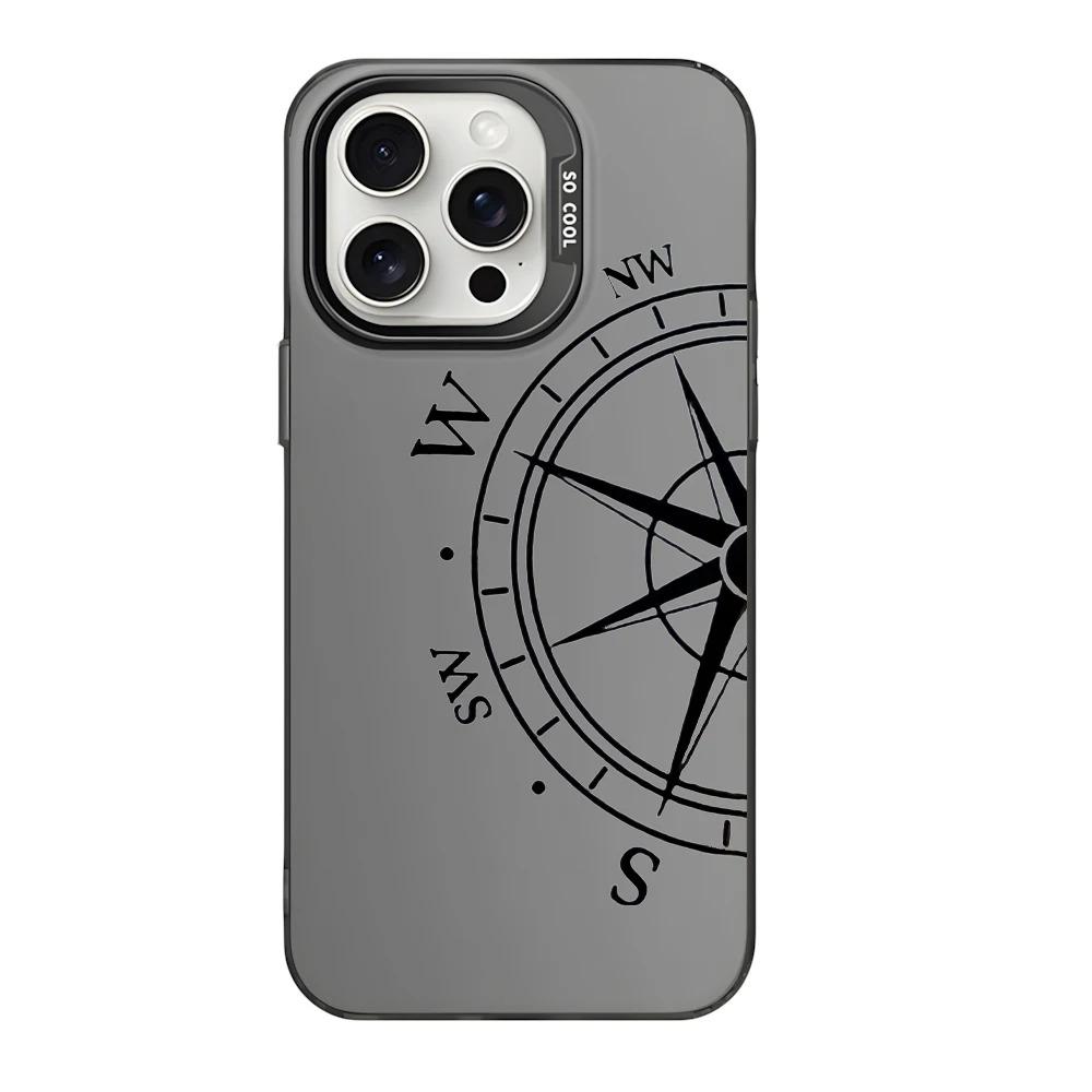Fashion Vintage Compass Phone Case for iPhone 16 12 13 Mini 11 14 15 Pro Max XR 8 Plus Sturdy Hard IMD Plastic Shockproof Cover_