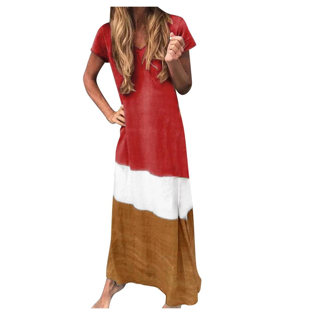 Summer Striped Print Casual Dress Women's V-neck Short Sleeve Vintage Dresses for Women Plus Size Beach Boho Loose Maxi Dress