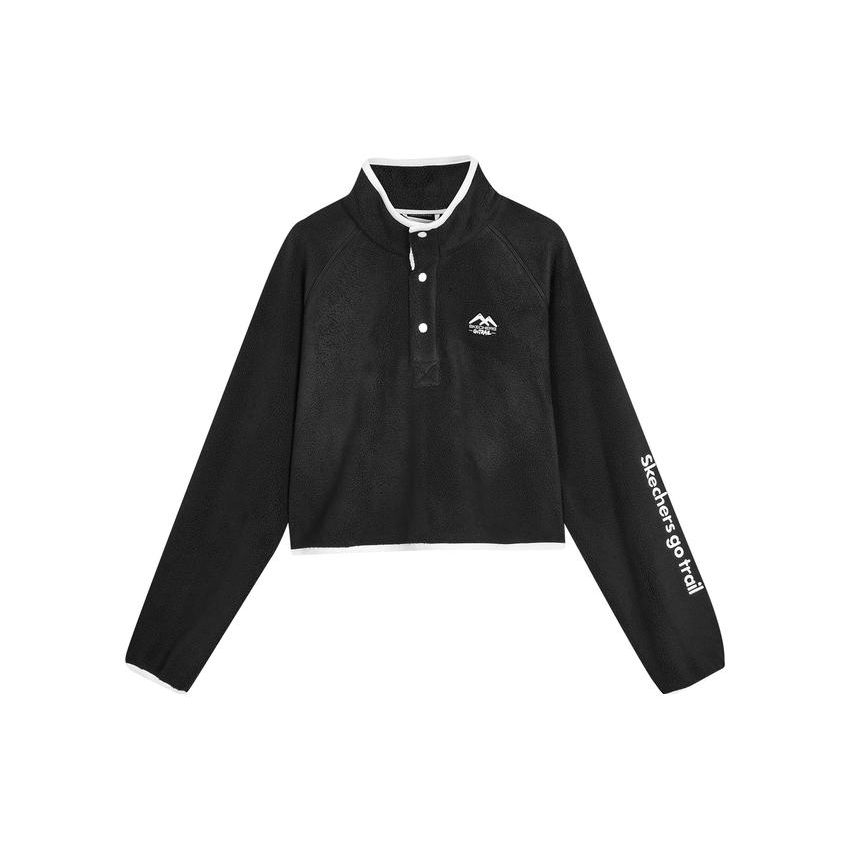 Skechers Retro Letter Stand Collar Pullover Short Fleece Jacket Women jackets Carbon-Black L423W086-0018