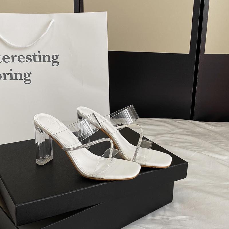 

High heels sandals women s 2025 summer crystal shoes fashion thick heel outer wear slippers shoes super high heel square head 40