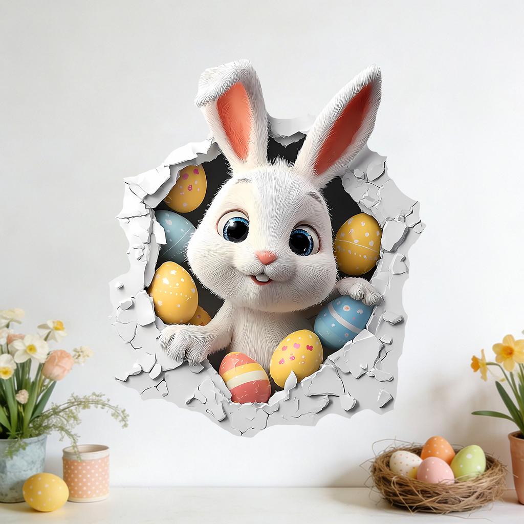 3D Breaking Wall Bunny with Flowers Wall Sticker Self-Adhesive Removable for Kids Room Home Decor