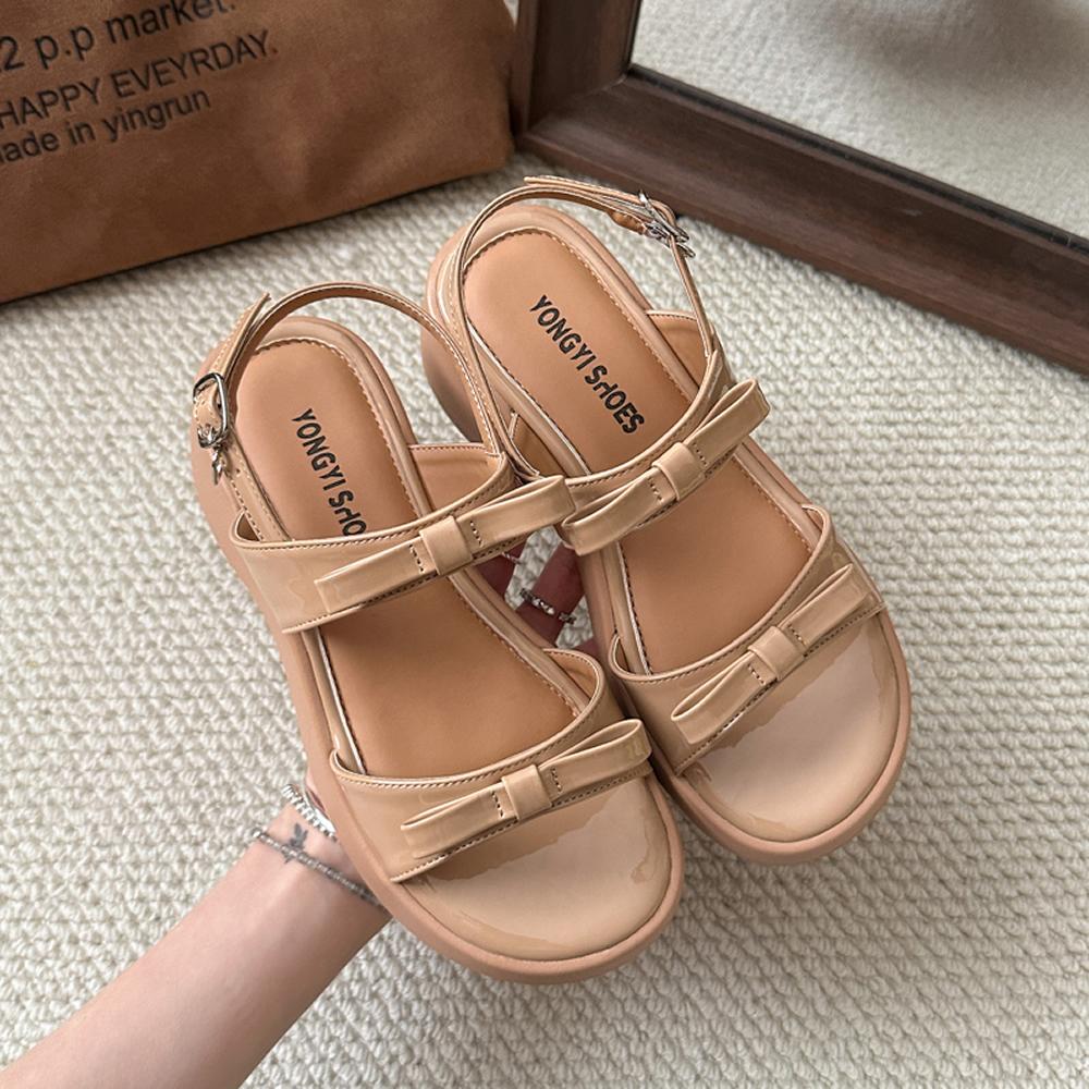 2025 Sandals Bow Shoes Clogs With Heel Open Toe Increasing Height New Retro Thick Summer Girls Peep Gladiator Scandals Rome