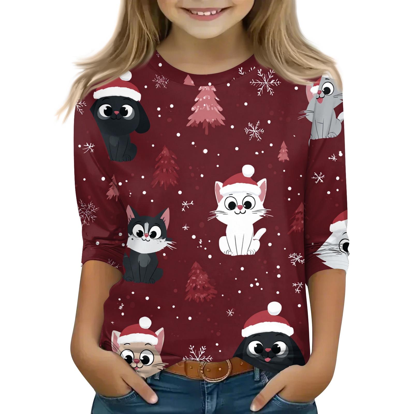 

Christmas Children s 3/4 Sleeve Tops Casual Printed Daily T Shirt Round Neck Pullover Blouse 150 винный