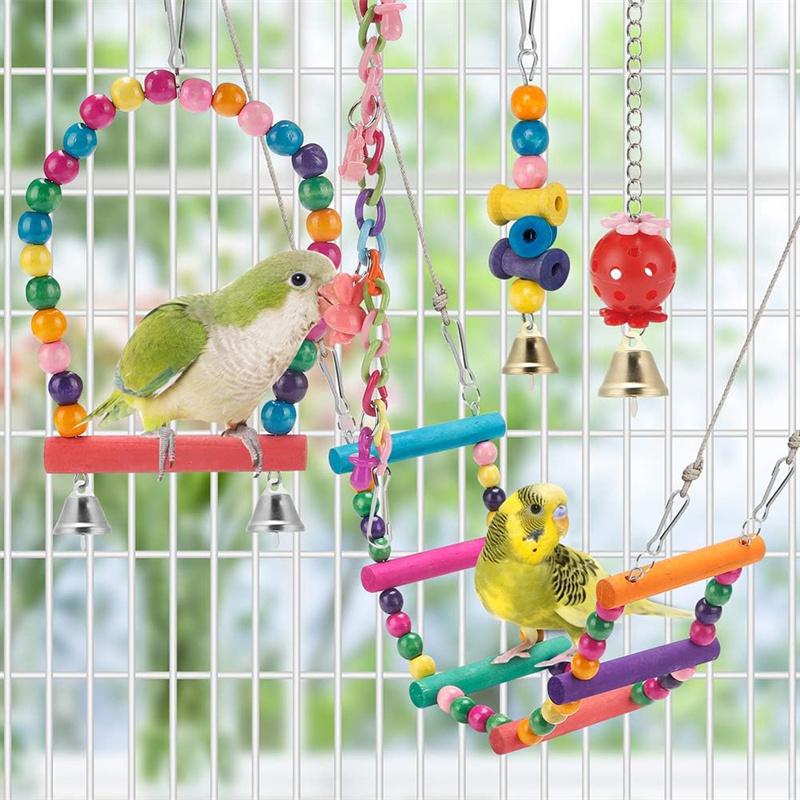 Bird Parakeet Toys 1 Set Of 11Pc Swing Hanging Standing Chewing Toy Hammock Climbing Ladder Bird Cage Colorful Toys