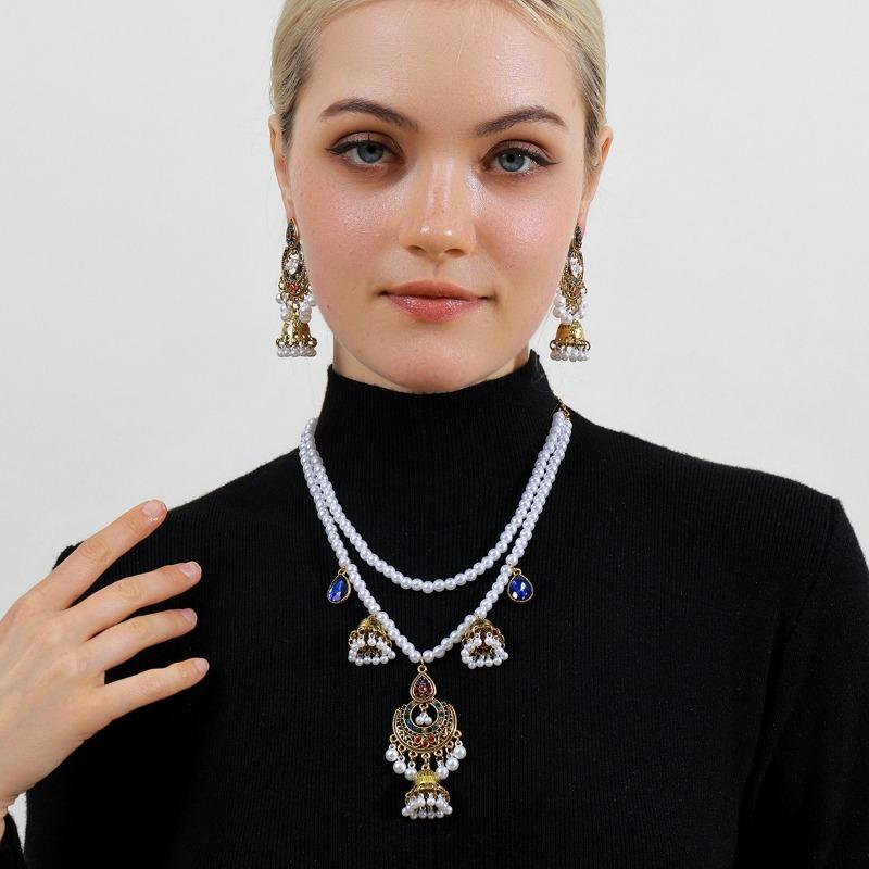 Double-layer Pearl Tassel Bell EarringsNecklace Set Courtly Style Jewelry