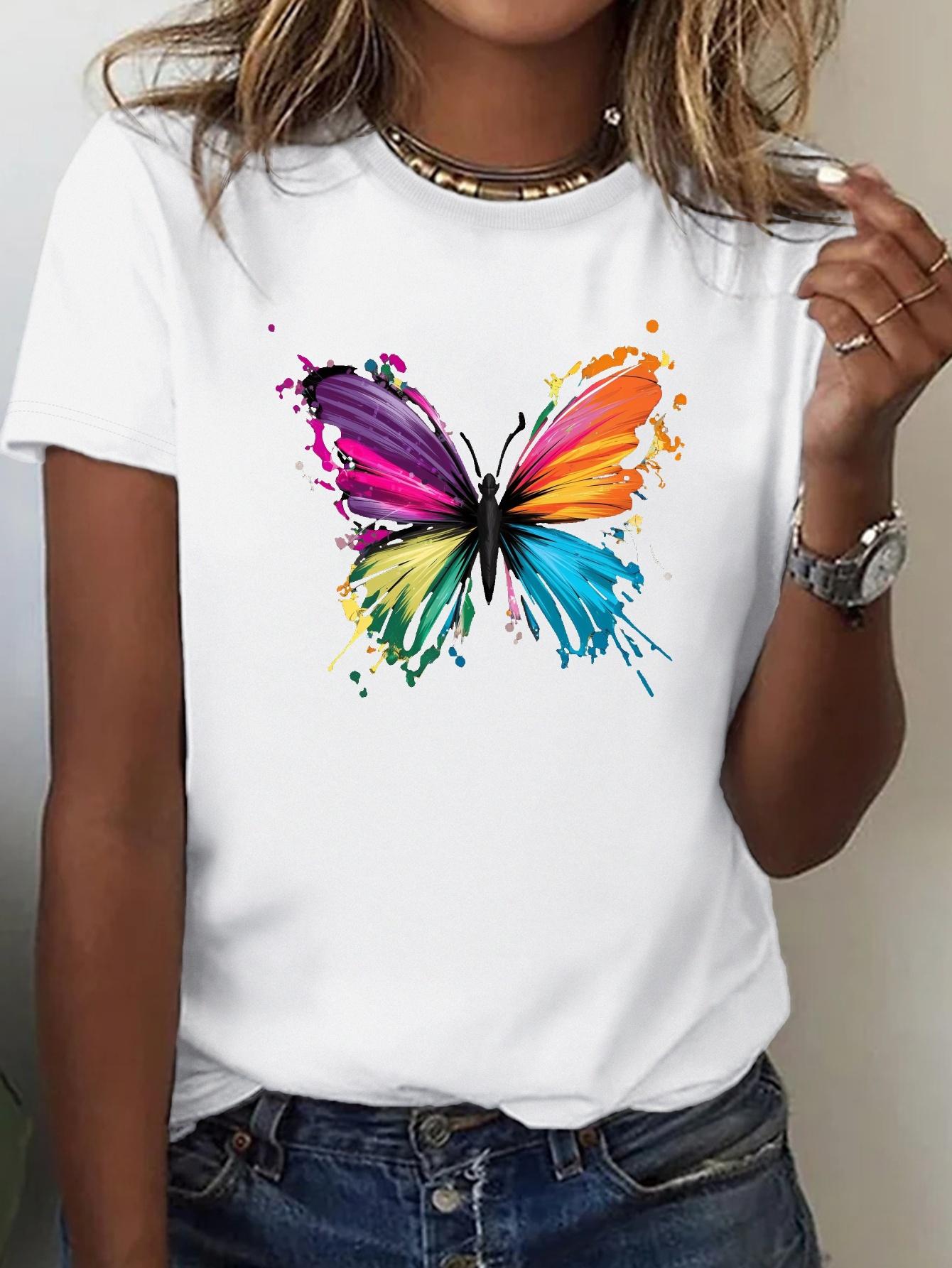 

Womens TShirt with Vibrant Abstract Butterfly Print Harajuku Sleeve Casual Tshirt Clothing Street Tops Tees Aesthetic Clothes S