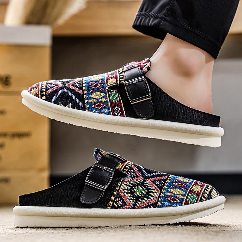 Large Size 46 47 Tribal Mules Man Backless Loafers Slipper Half Shoes For Men Slides Mens Slip On Flats Semi-Drag Casual Shoes