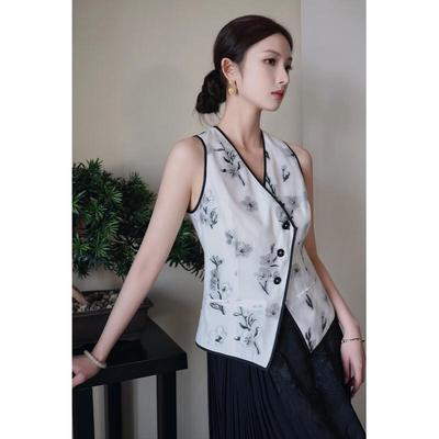 JK&JS New Chinese Style Ink Wash Floral V-Neck Vest