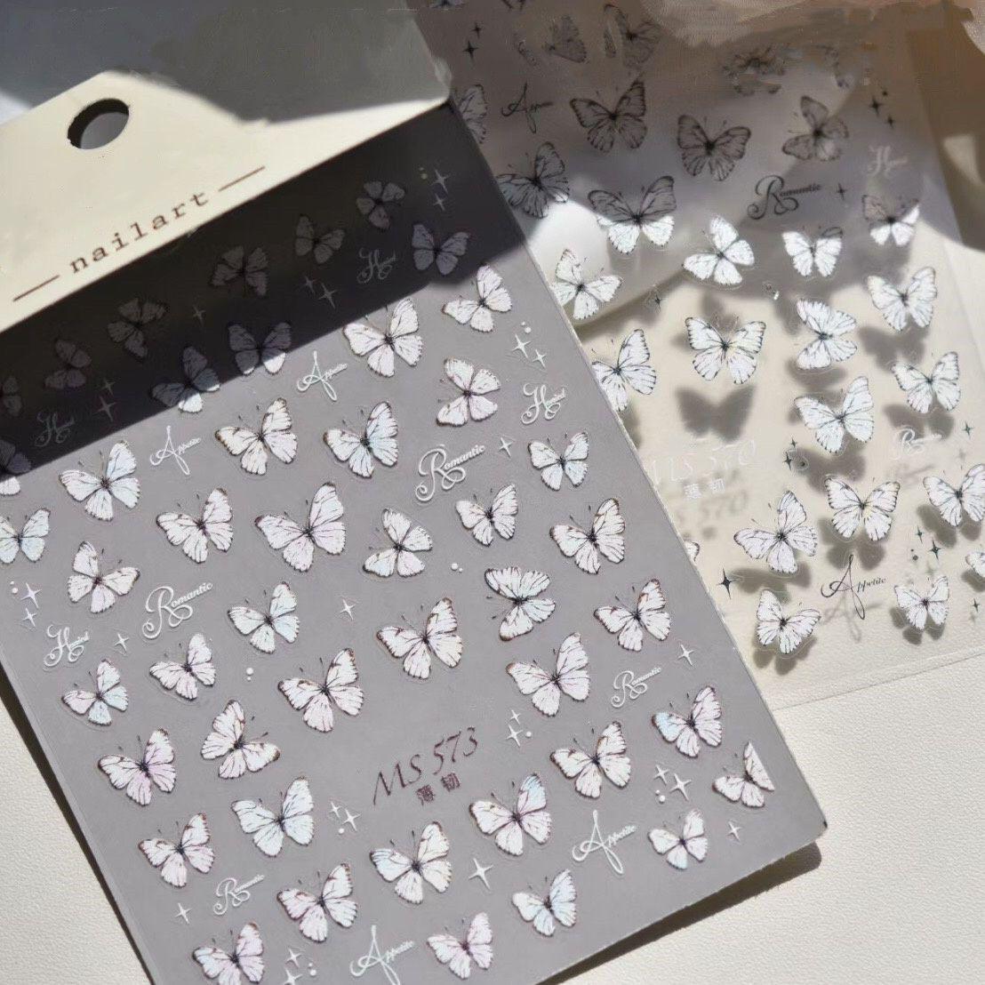 

2024 White Butterfly & Starry Nail Art Stickers - Thin, Tough Hand-Painted Design
