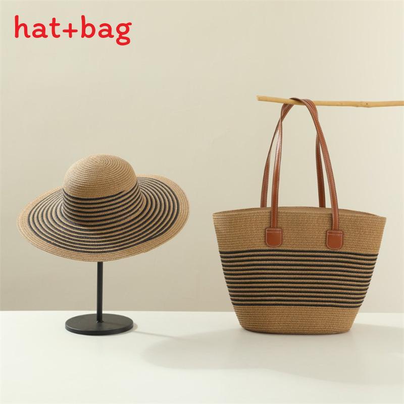 Woven Sun Hat And Large Capacity Straw Tote With Striped Pattern For Travel And Casual Wear