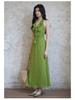 Er Yang Design French Floral Green Halter Neck Maxi Dress, V-neck Sleeveless Long Dress for Women