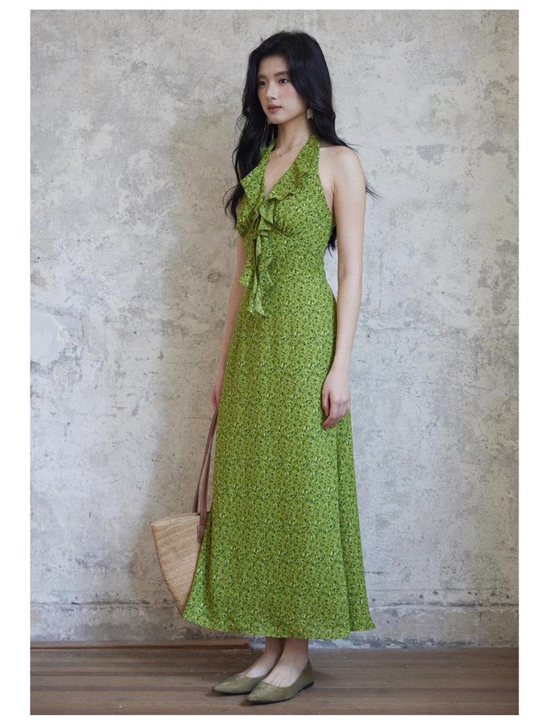 Er Yang Design French Floral Green Halter Neck Maxi Dress, V-neck Sleeveless Long Dress for Women