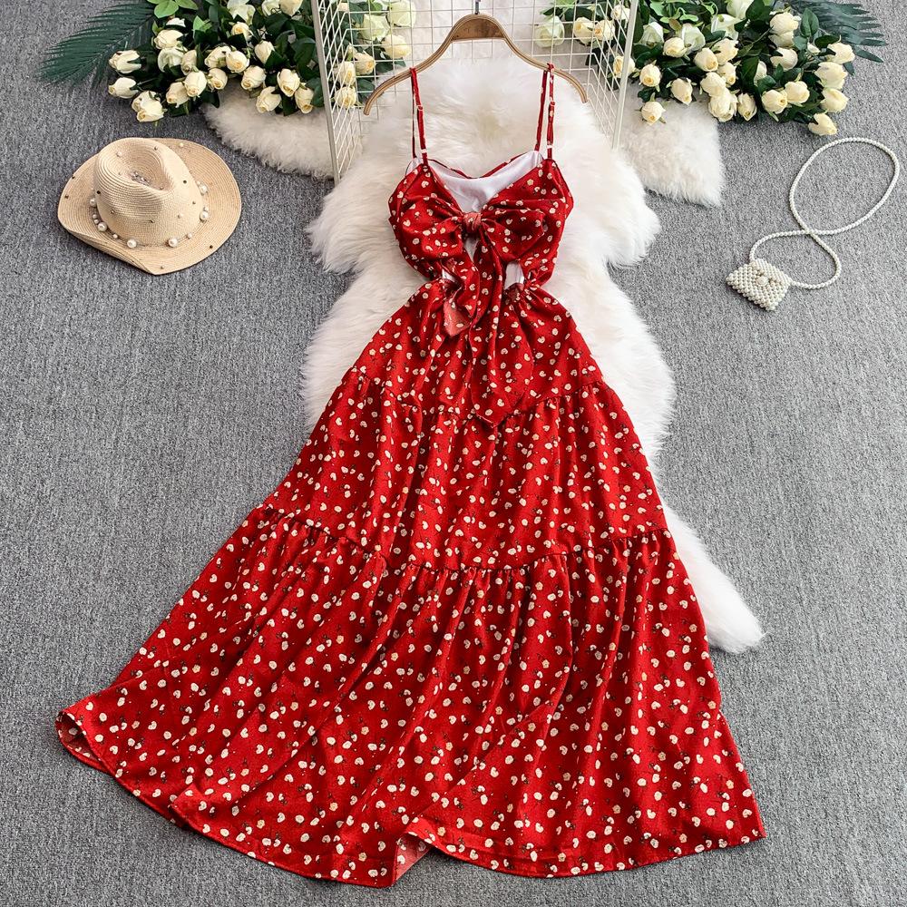 French floral suspender dress women's summer new sexy backless waist thin pleated pendulum dress
