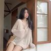 Women's V-neck Hollow Knitted Sweater Top Summer Thin Loose Sun Protection Clothes Flared Sleeves Top