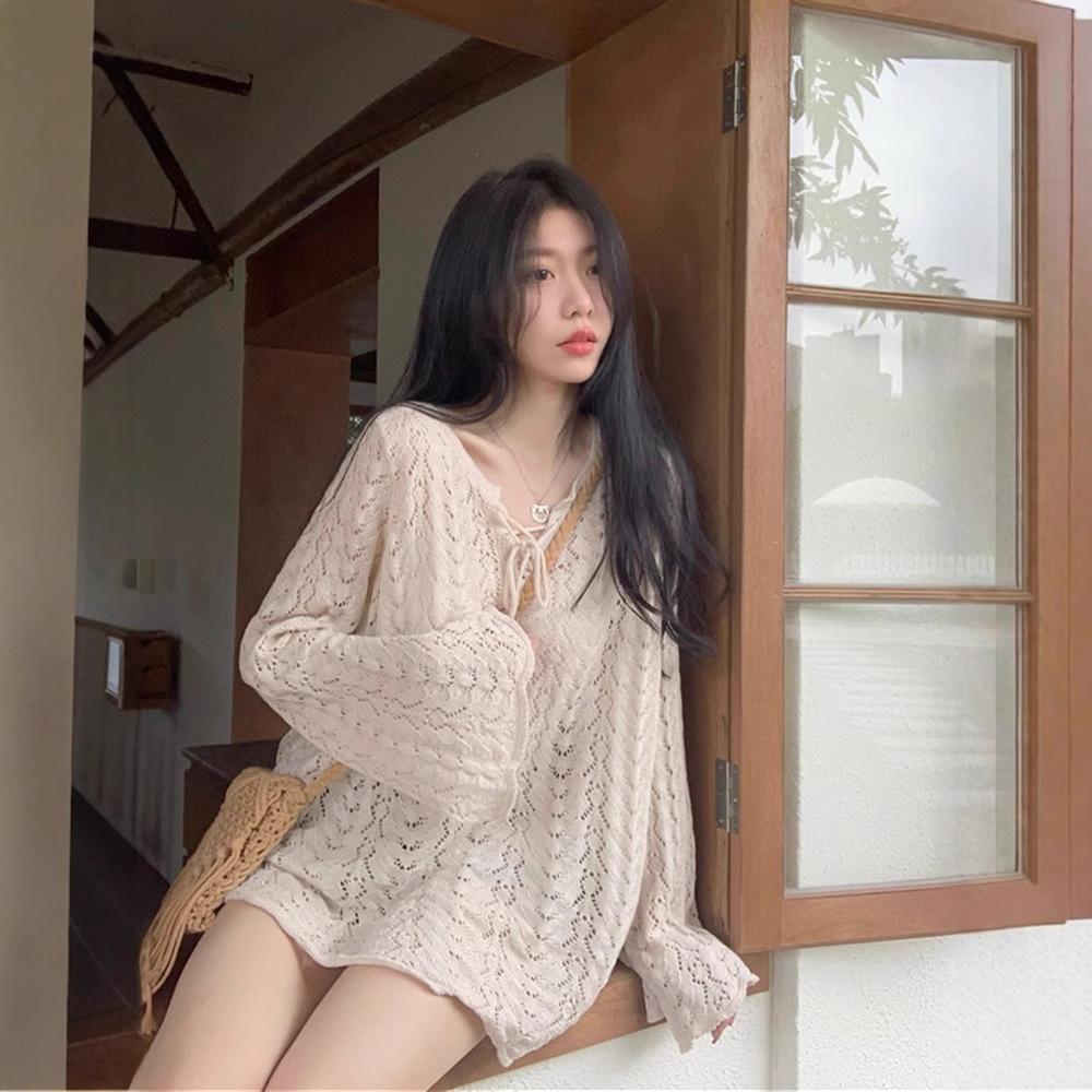 Women's V-neck Hollow Knitted Sweater Top Summer Thin Loose Sun Protection Clothes Flared Sleeves Top