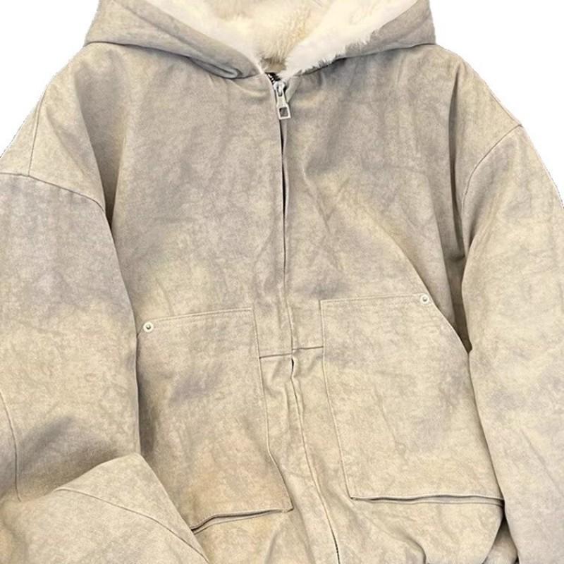 Oversized Hooded Zip-Up Fleece-Lined Cotton Jacket Men Women Winter Warm Loose Casual Outerwear