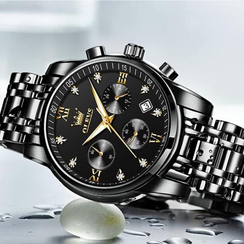 Olevs Men's Watch: Black Quartz, Waterproof, Analog, Business Watch with Date Display, Metal Band, Black Chronograph, Large Watch for Men, Casual Fash