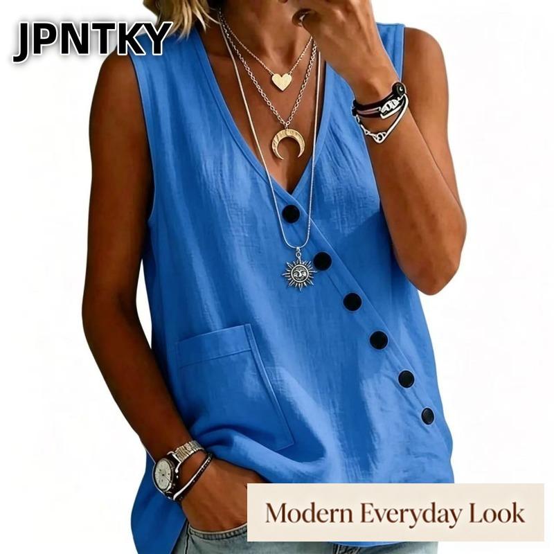 JPNTKY Women's Fashion Casual Sleeveless V-Neck Blouses & Shirts