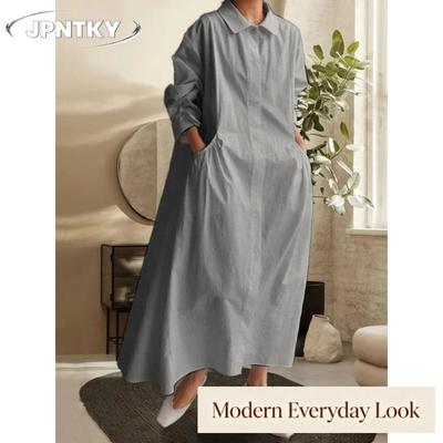 JPNTKY Fashion Summer Spring Solid Color Print Long Sleeve POLO Neck Casual Dresses