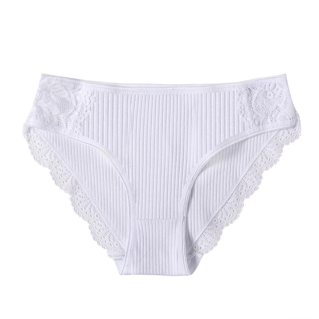 Einfarbige Damenunterwäsche aus Baumwolle mit Spitzenkanten und mittlerer Taille, dreieckige Hose, sexy Slips, Damenhöschen