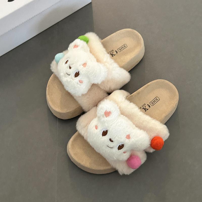 Soft cute bear hairball casual fluffy slippers women's autumn and winter cute cartoon Mori character with home platform cotton shoes