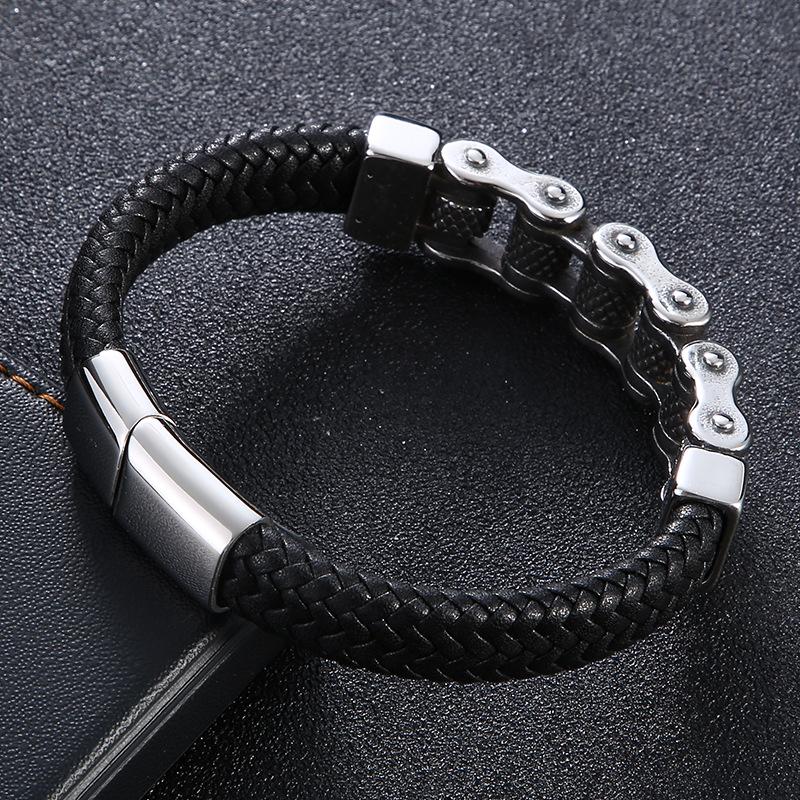 Punk Men Biker Chain Bracelet Genuine Leather Stainless Steel Magnetic Buckle Gift for Men Pulseras