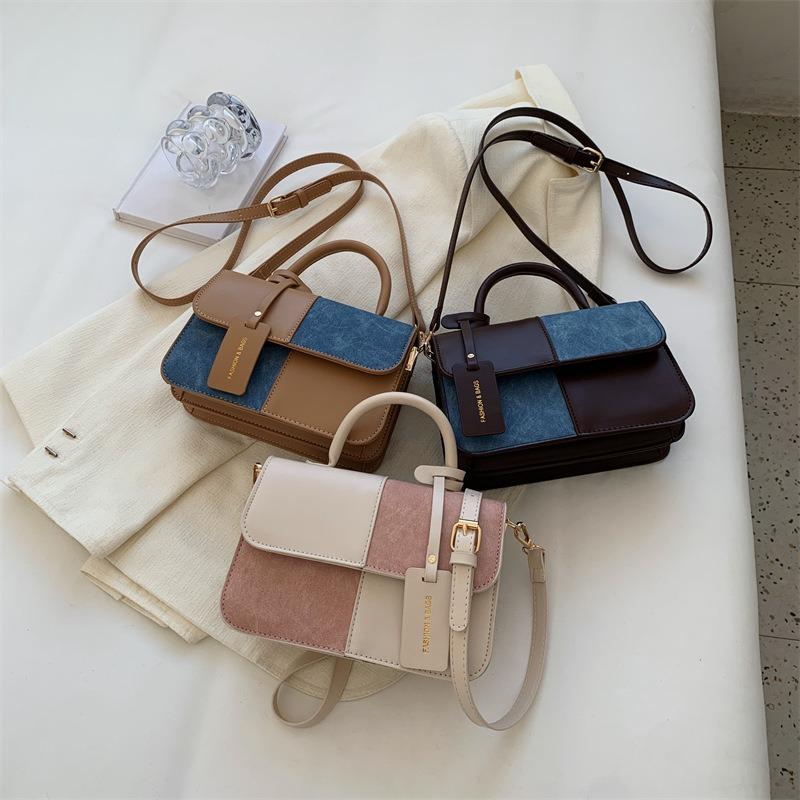 pu small square bag women's summer contrasting color fashion high-end texture messenger bag portable shoulder bag