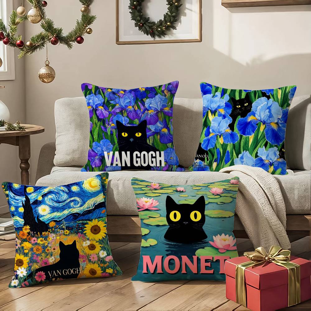 The Cute Cat In Van Gogh's Pillowcase, Soft and Comfortable, Sofa Cushion Cover, Suitable for All Kinds of Rooms and Places