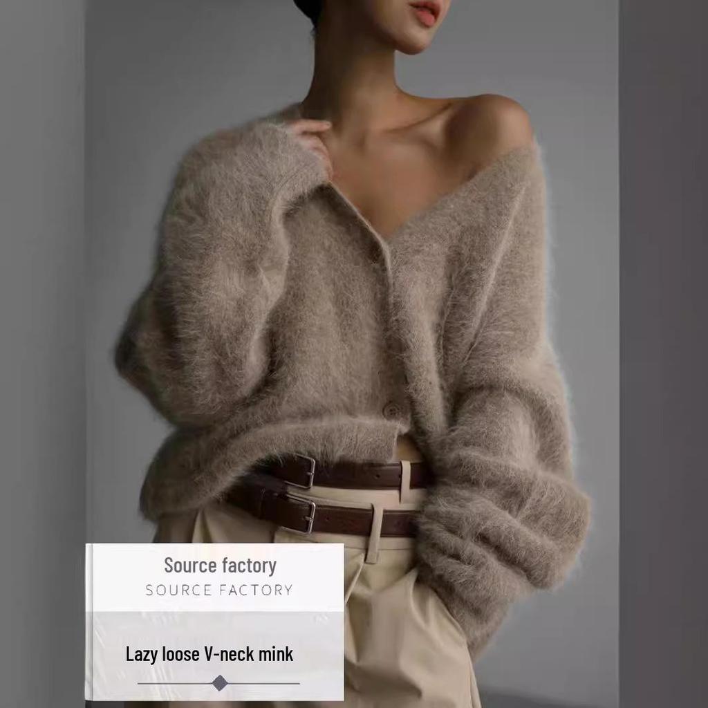 2024 Mink Hair V-Neck Cardigan: Loose Fit, Long Sleeve Sweater for Autumn/Winter Women