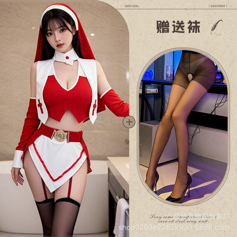 Large size new sexy cosplay hollow uniform home free slit temptation suit nun sexy underwear