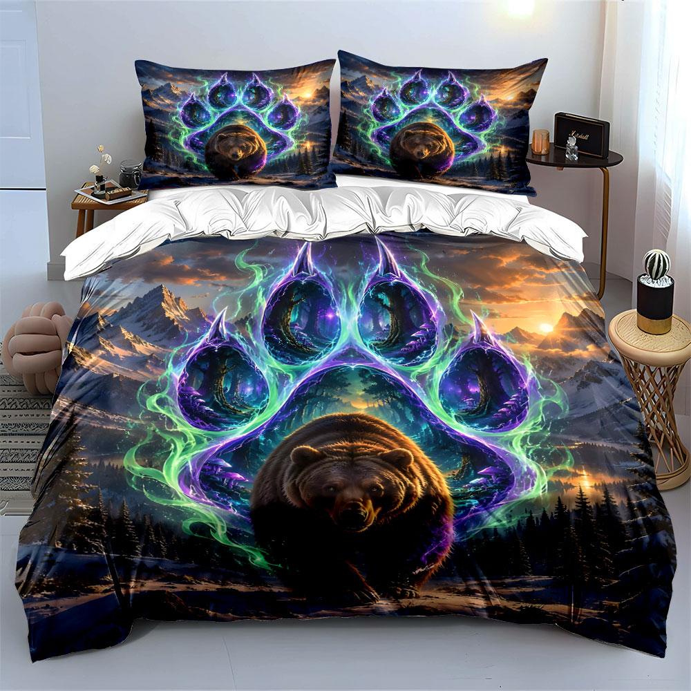 Mystical Bear with Glowing Paw Bedding Duvet Cover Set (1*Duvet Cover 2*Pillowcases, Without Duvet Insert)