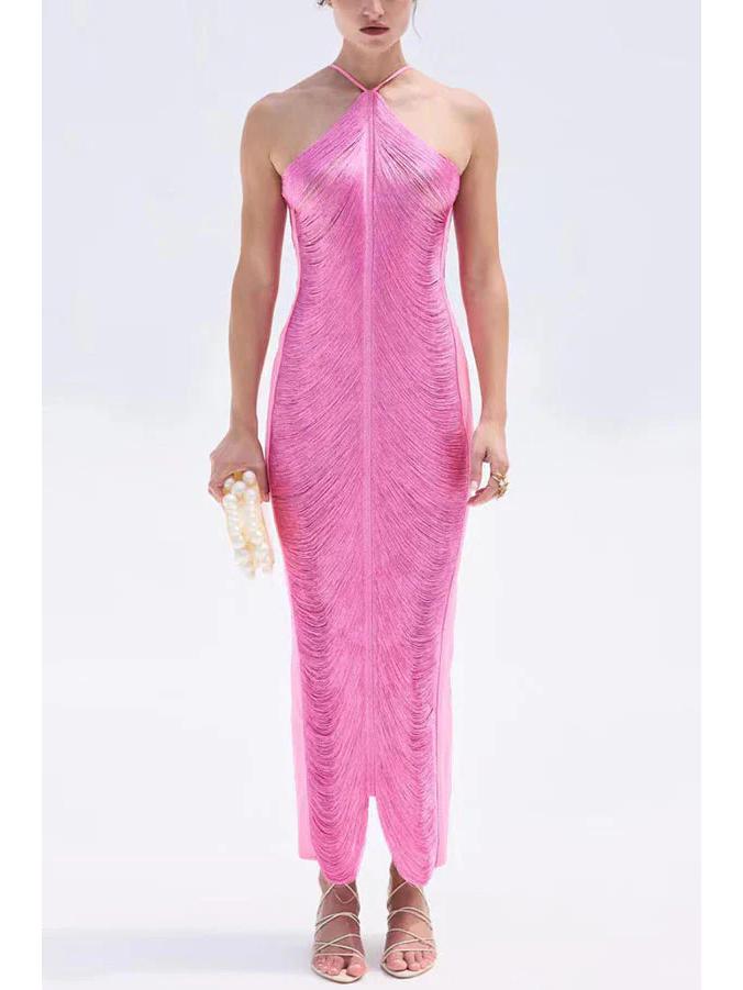 

2026 New Style Women s Tassel Halter Maxi Dress Large розовый