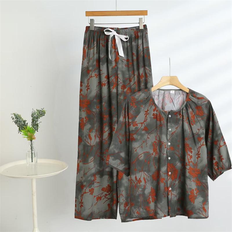 Summer Cotton & Rayon Slimming Outfit: Short-Sleeve Top & Floral Straight-Leg Pants for Middle-Aged and Elderly Women