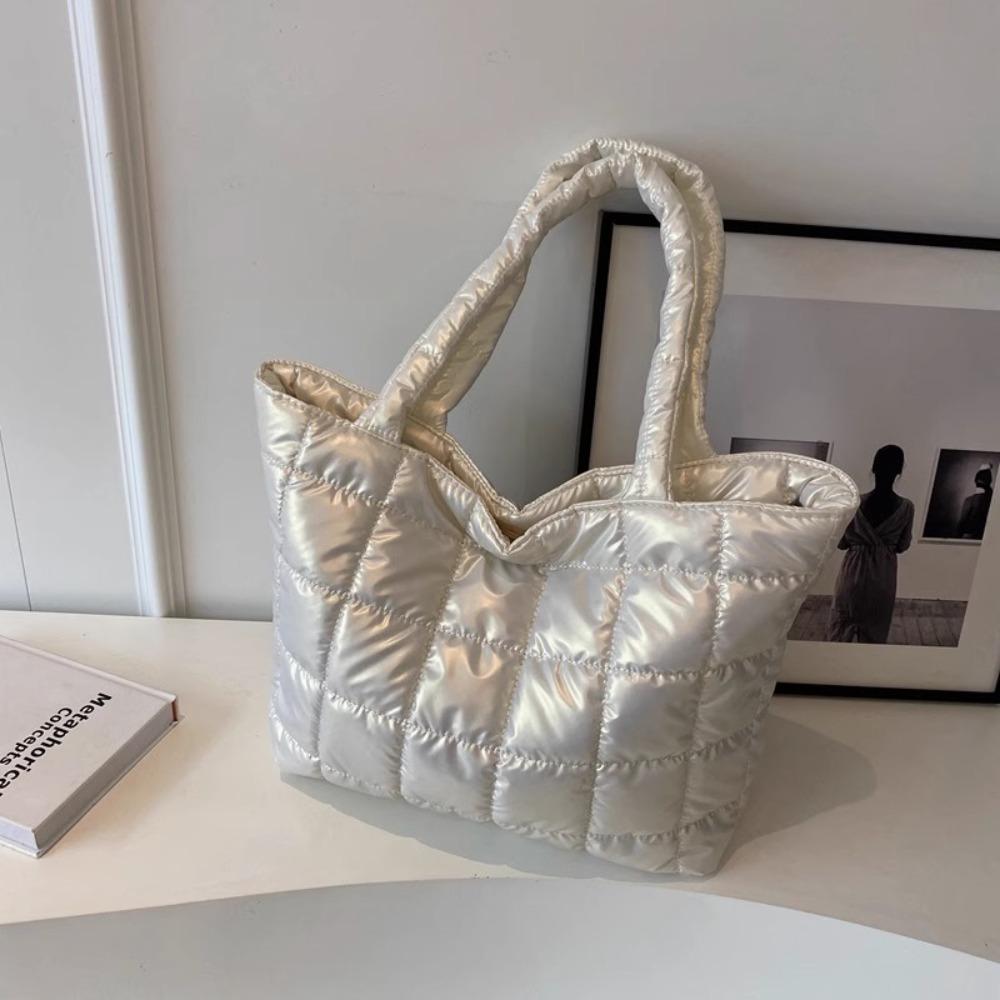 Checkered Down Cotton Shoulder Bag Korean Style Puffy Bag Cotton-padded Tote Bag  Office Worker