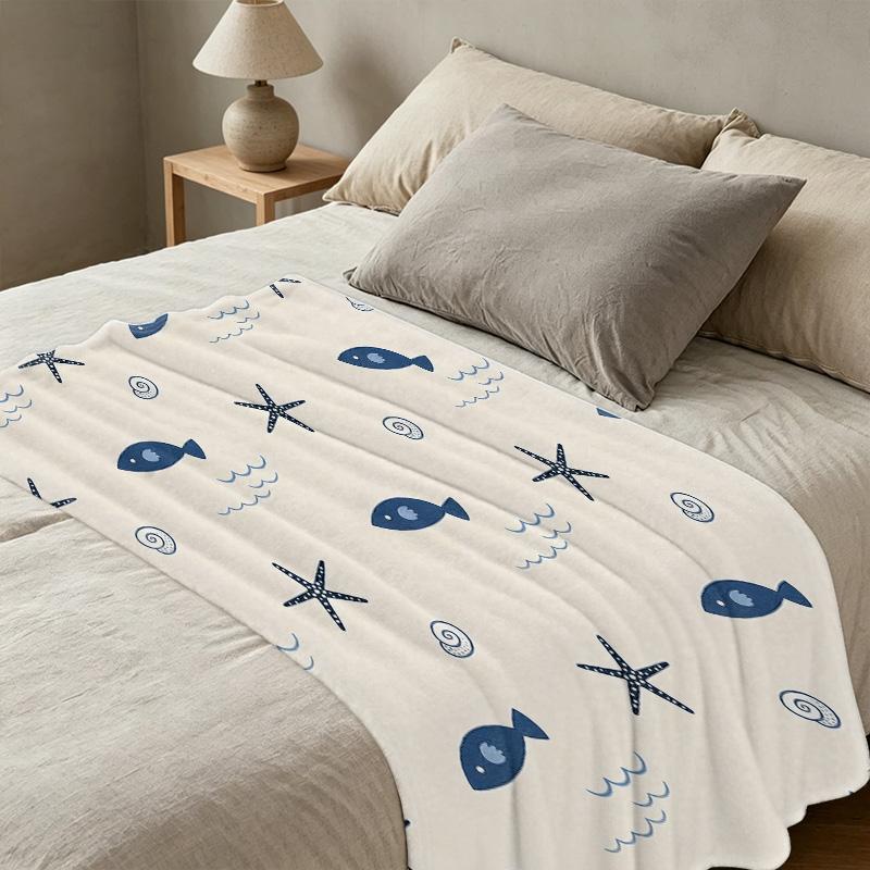 Thick Warm Flannel Blanket, Ocean Theme Cute Fish & Starfish Design, Soft Cozy Single Throw Blanket for Home/Guest Room, Christmas & Halloween