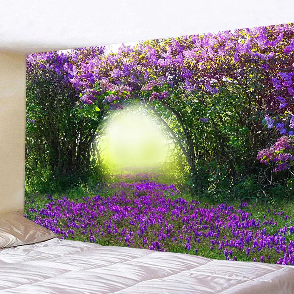 Spring Flowers Wood Fence Tapestry Nature Pink Plant Flower Garden Window Tapestry Wall Hanging Decor for Bedroom Living Room