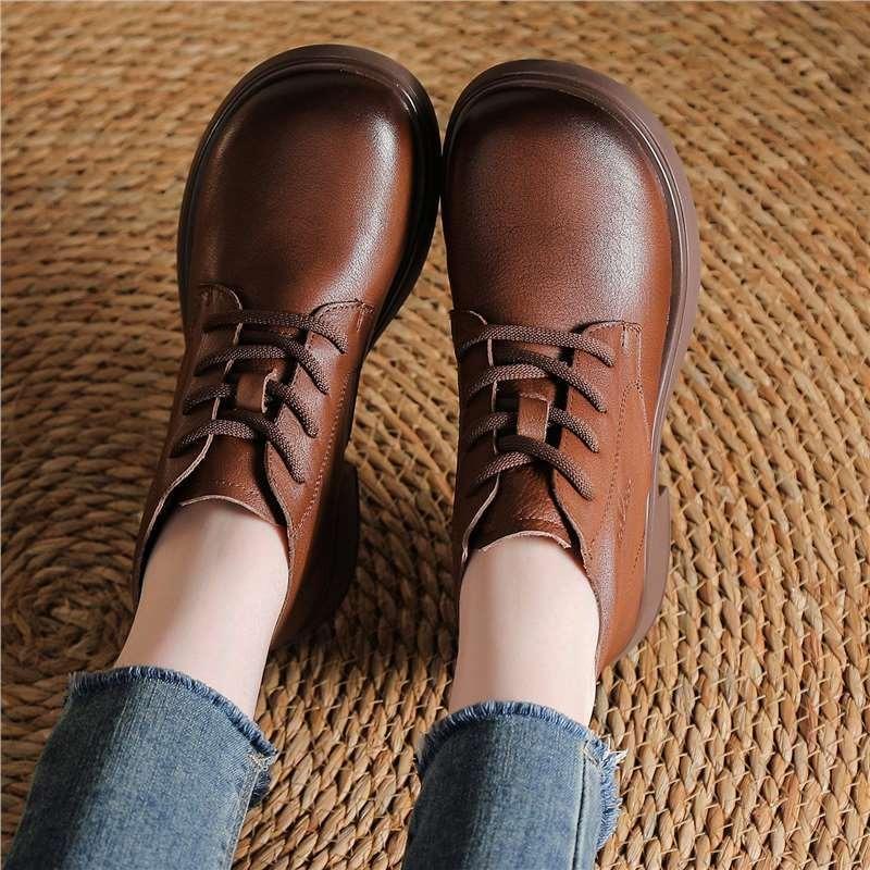 First Layer Cowhide Spring and Autumn Single Boots Retro British Style Martin Boots Versatile Round Head Leather Lace-up Thick Heel Short Boots Women
