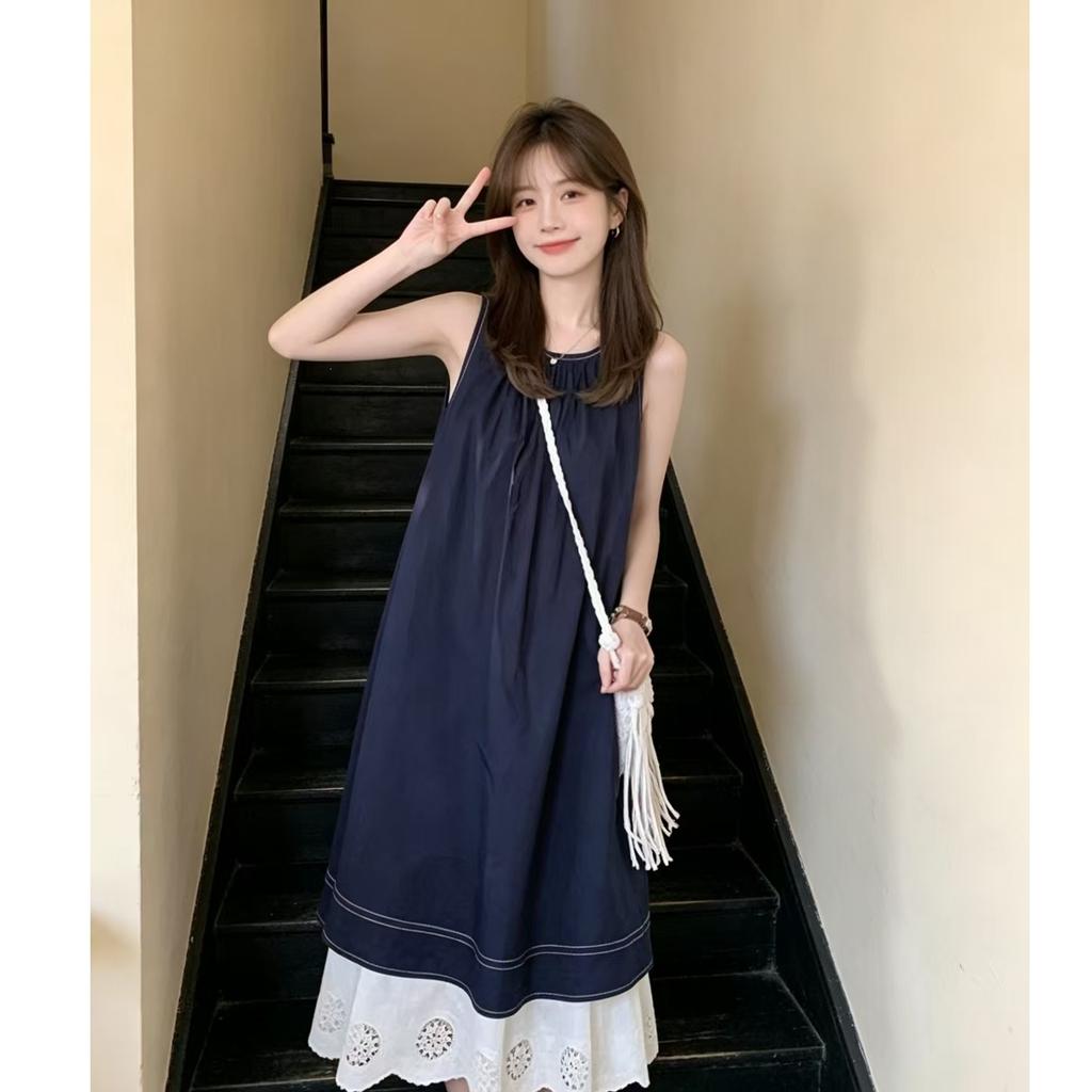  Trendy New Splicing Vest Dress Temperament Loose Summer Design Sleeveless Long Skirt Hem Lace Skirt
