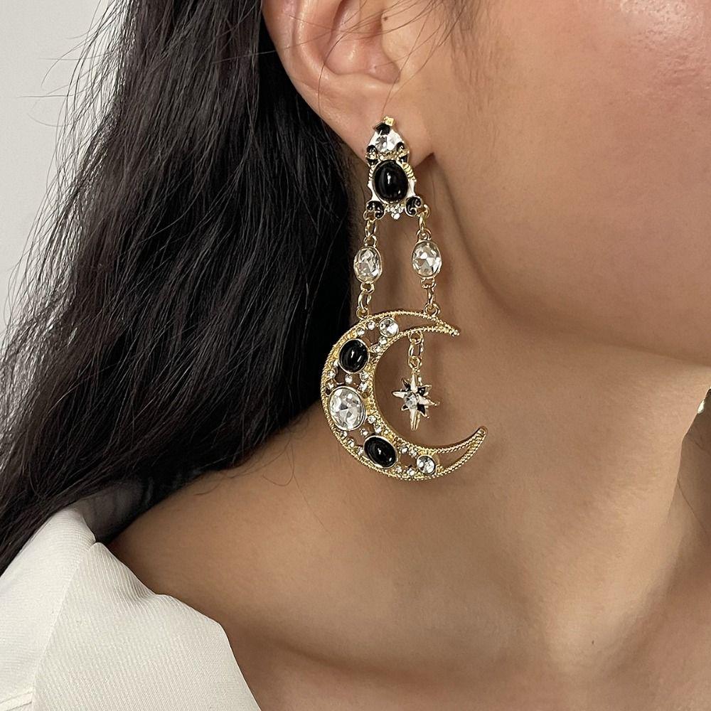 Handmade Sun&Moon Earrings Minority Design Crystal Earrings Cute Dangle Earring  Gift