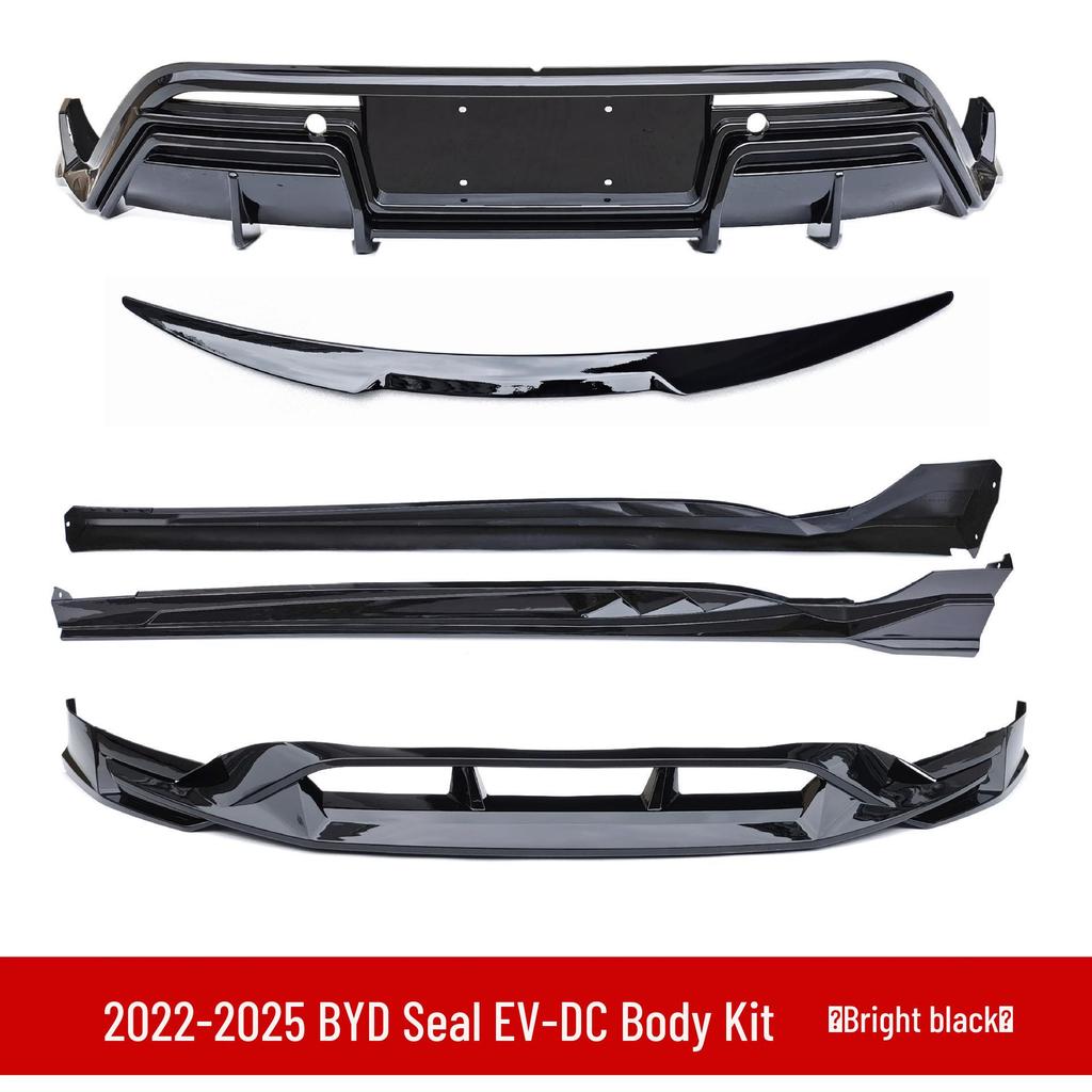 Compatible with BYD Seal EV DC: Rear & Front Bumpers, Front Lip Spoiler, Side Skirts, Rear Spoiler, Black Bright Strips.