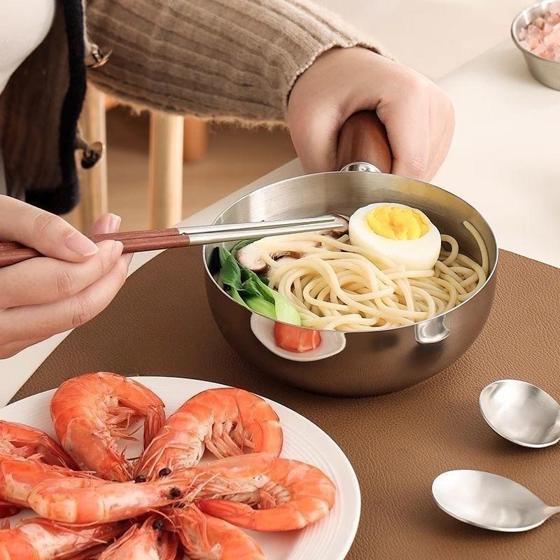 Stainless Steel Small Pot Bowl Walnut Wood Handle Salad Yogurt Bowl Breakfast Cooking Tool Multi-Function Cooking Kitchen Bowl