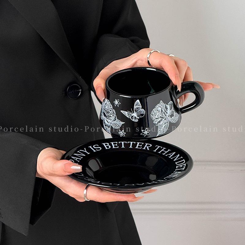 

Mirosen Black Retro Coffee Cup Gift Box Ceramic Gift Cup Souvenir Light Luxury Rose High End Cup Plate 300ML