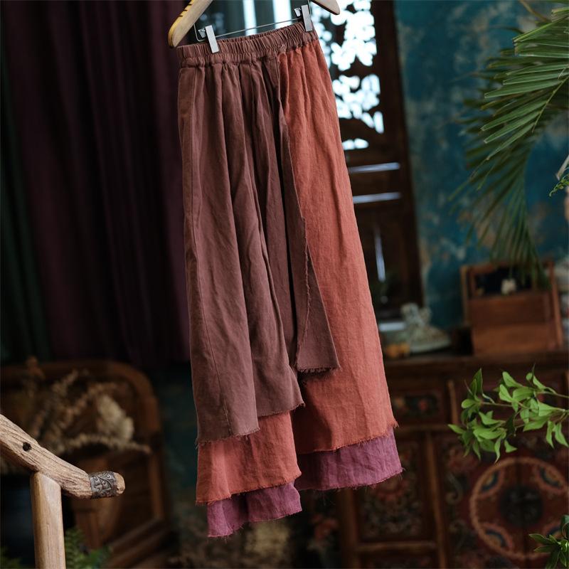 Johnature Dámské Vintage patchworkové plátěné sukně Pružný pas Oblečení Jaro Ležérní Ženy Volné A-Line sukně