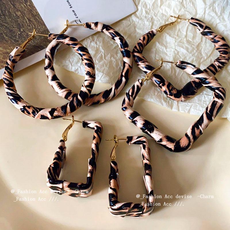 Silver Needle Leopard Print Geometric Hoop Earrings - Trendy High-End Spicy Girl Style for Women
