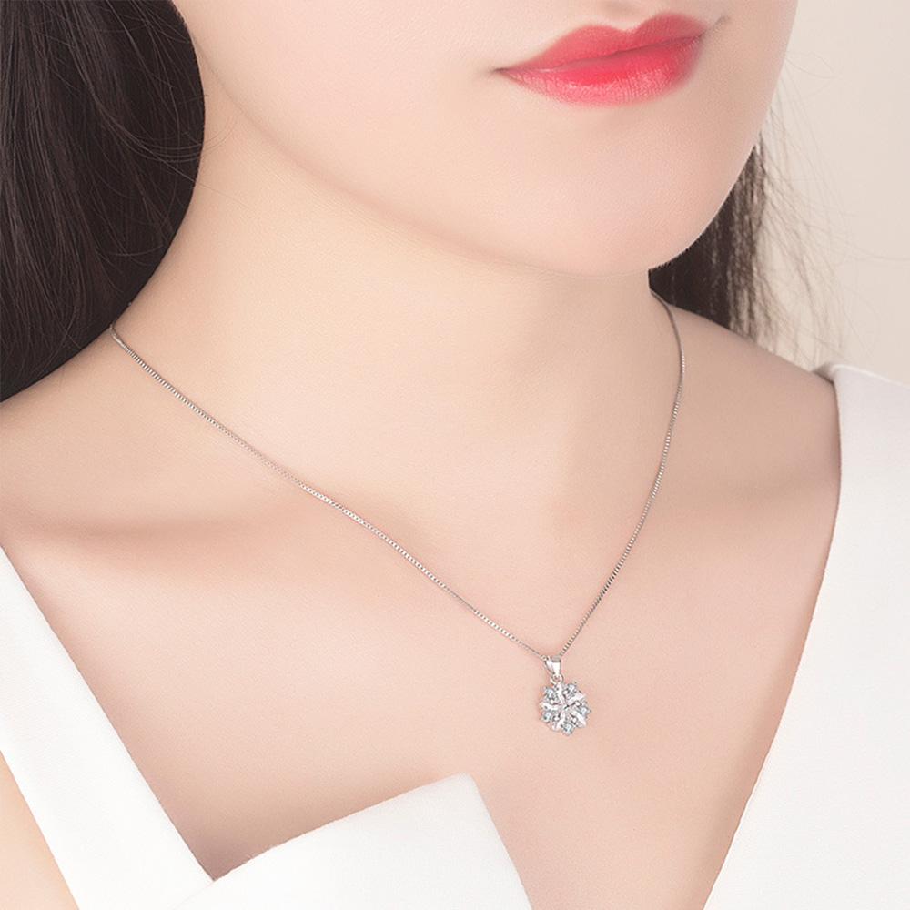 925 Sterling Silver Pink Crystal Flower Pendant Chain Necklace For Women Korean Elegant Luxury Quality Jewelry Accessories